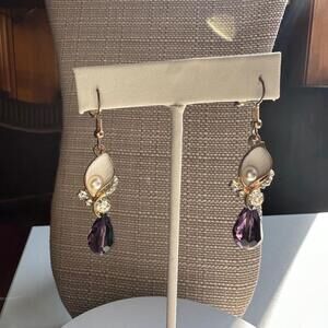 Classy Vintage Amethyst Glass faux Pearl orchid flower drop earring